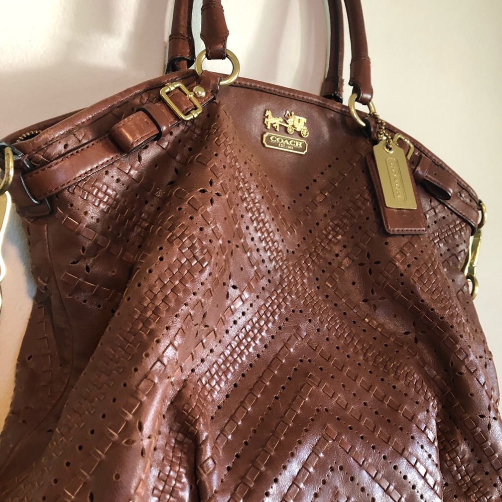Coach Tan Leather Shoulder Bag with Gold Accents